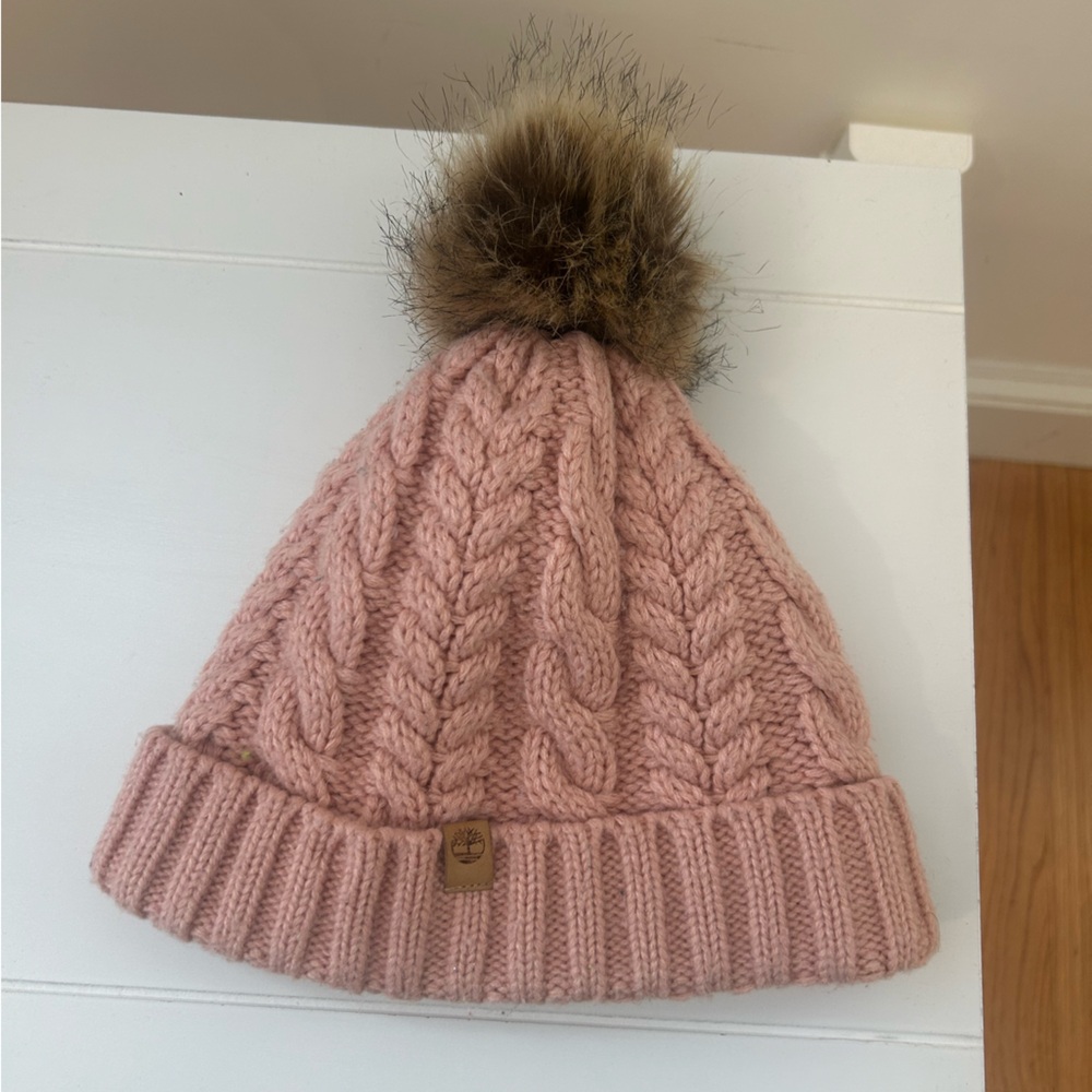 Timberland Pink Knit Beanie with Brown Pom